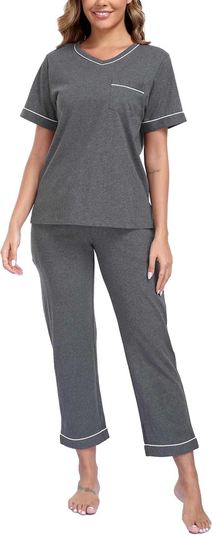 CF Women's 100% Cotton Pajama Sets Soft Short Sleeve Tops & Pants Comfy Sleepwear 2 Piece Lounge set with Pockets Loungewear