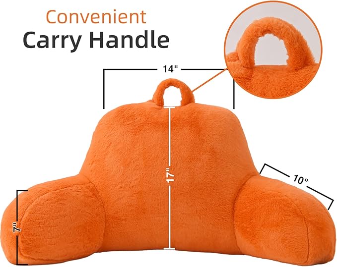 A Nice Night Faux Fur Reading Pillow Bed Wedge Large Adult Children Backrest with Arms Back Support for Sitting Up in Bed/Couch for Bedrest, Orange