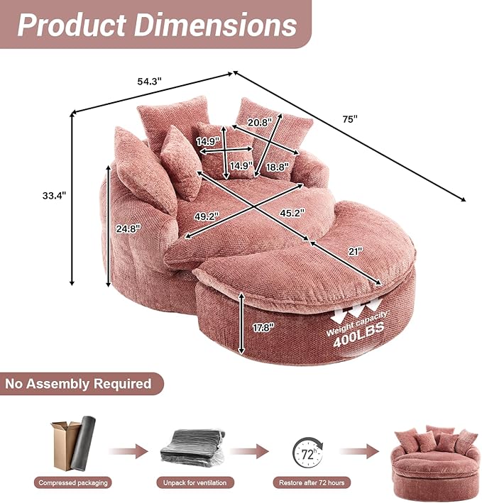 54" Oversized Round Chaise Lounge Indoor Boneless Bean Bag Chair with Movable Ottoman Fluffy Comfy Reading Chair Large Circle Cloud Couch Sleeper Sofa Bed for Living Room, Bedroom, Apartment, Pink