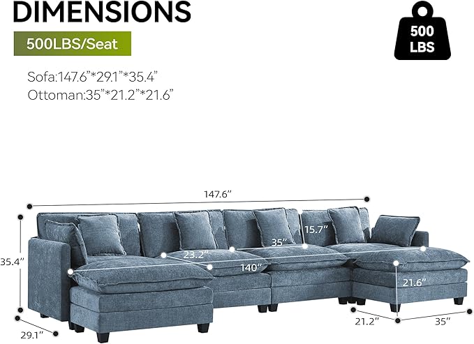UMBFUN 4-Seater Cloud Couch with 2 Ottomans, Extra-Large Modular Sectional U Shaped Sofa with Deep Seat Cushions, Chenille Couch for Living Room, Blue