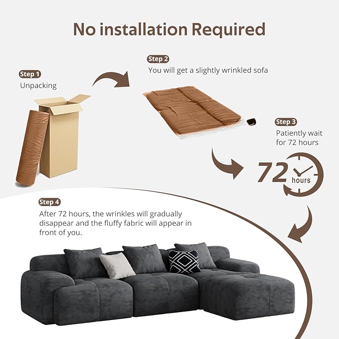 Aosaifen Modern L-Shaped Modular Sectional Sofa for Living Room，Oversized 3-Seater Couch with Deep Seat and Movable Ottoman – No Assembly,Comfortable Suede Fabric Boneless Sofa(Dark Gray) (Dark Gray)