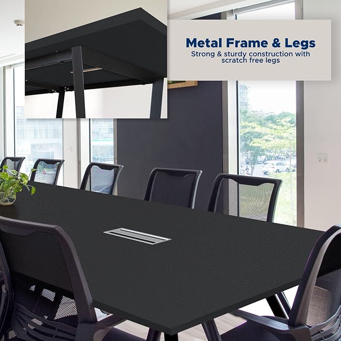 ahliss Sturdy Conference Table with Cable Management Grommets Modern Rectangle Office Meeting Table with Wood Tabletop and Metal Frame & Legs- Easy Assembly Boardroom Table (Black, 10 Foot)