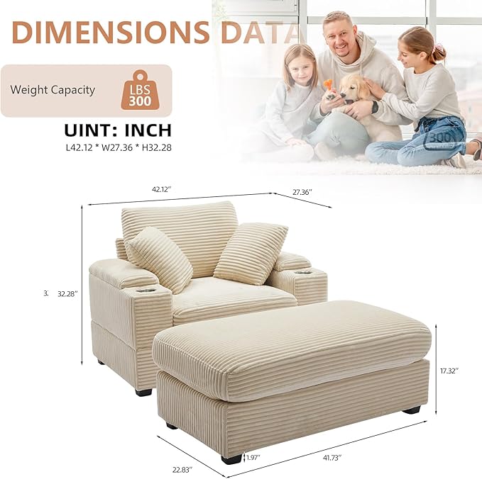 50" Oversized Chaise Lounge Chair Indoor with Ottoman and Storage, Deep Seat Upholstered Reading Chair, Comfy Corduroy Sleeper Chair with Cup Holder, Reclining Chair for Living Room, Bedroom, Beige