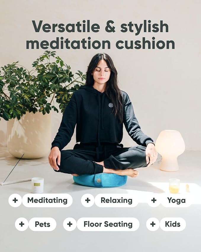 Mindful Modern Velvet Meditation Cushion | Luxe Zafu Yoga Floor Pillow Seat | Posture Support | Buckwheat Hull Filled | Large Round Cushion with Removable Washable Cover + Carry Handle