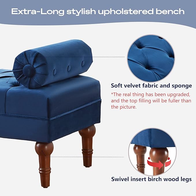 60.2" End of Bed Bench,Large Size Velvet Bench for Bedroom,Upholstered Window Bench with Button-Tufted,Entryway Bench,Storage Bench for Living Room(Blue)