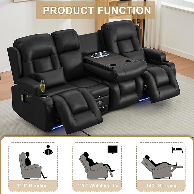 URRED Loveseat Recliner Sofa with Massage and Heat, Power Reclining Loveseat Sofa RV Couch with Console and Middle Seat, 3-Seater Home Theater Seating with LED Lights, Faux Leather, Black