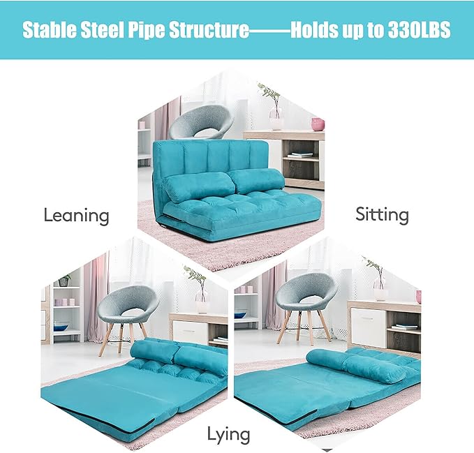 DORTALA Foldable Floor Sofa, 6-Position Adjustable Lounge Couch with 2 Pillows & Suede Cloth Cover, Modern Lounge Mattress Video Gaming Lazy Couch, Suede Floor Seating Sofa, 71" x 44.5", Blue