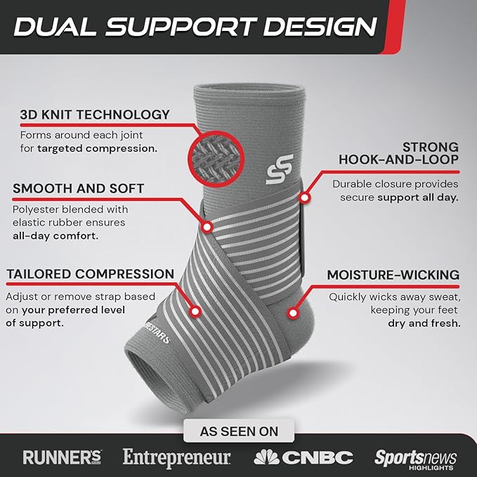 Sleeve Stars Ankle Brace for Women & Men, Ankle Wrap for Sprain, Compression Sleeve for Plantar Fasciitis Relief, Easy Customizable Support: w/ Removable Strap (Pair/M:10"-12"/Grey)