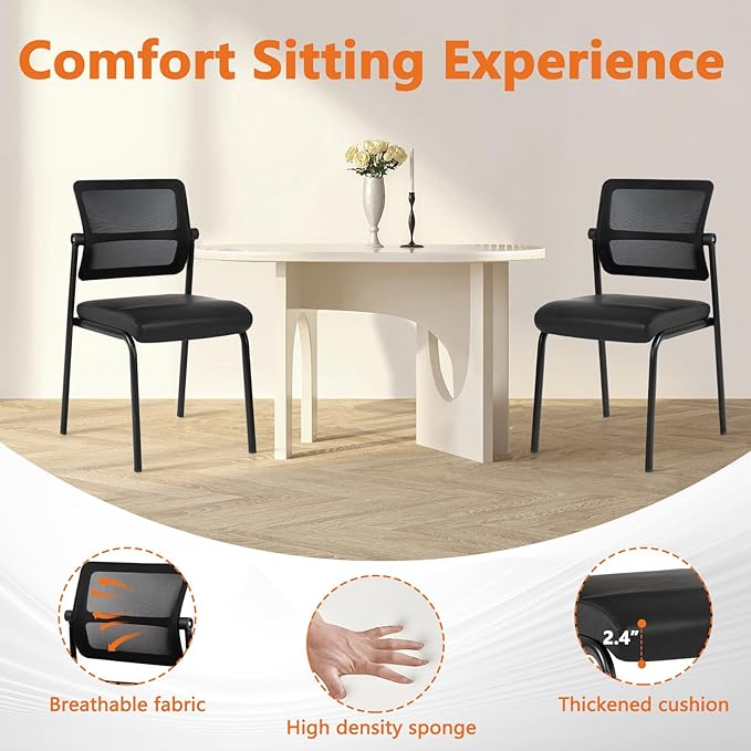 CLATINA 8PK Mesh Stacking Office Desk Chairs, Portable Stackable Bulk Waiting Room Armless Chair with Adjustable Back & Leather Seat for Guest Lobby Side School Church Conference Break, Black