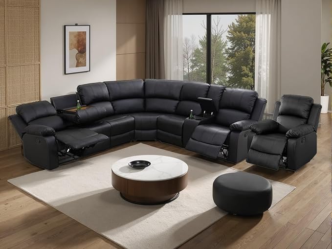 Manual Reclining Sofa Set with Drop-Down Table, Corduroy Sofa Sets, Living Room Furniture Sets, Modern Manual Recliner Sofa Sets with Storage Console for Living Room (Black, Sectional+Chair)