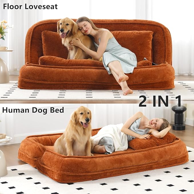 Foldable Lazy Sofa Bed, Chenille Upholstered Human Dog Bed for Adults, 2 in 1 Convertible Floor Sofa with 5 Adjustable Backrest Positions and Soft Cushions for Living Room (Orange)