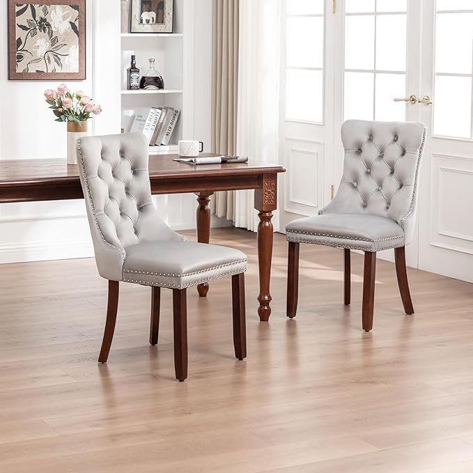 Kiztir Velvet Dining Chairs Set of 2, Upholstered Dining Chairs with Nailhead Trim and Button Back, Luxury Tufted Dining Chair for Living Room, Bedroom, Kitchen (Light Gray)