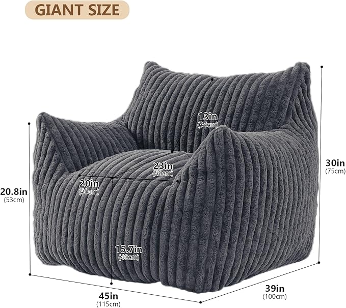 Giant Bean Bag Chairs for Adults with Filling Plush Fluffy Bean Bag Chairs for Teens with Armrests Comfy BeanBag Lazy Couch Sofa Chair for Bedroom Living Room Reading