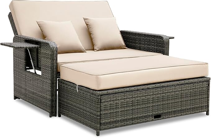 RELAX4LIFE Wicker Patio Outdoor Daybed - Rattan Day Bed Lounger w/Loveseat & Storage Ottoman, Sunbed Sofa Set w/Cushions, 4-Level Adjustable Backrest & 2 Retractable Trays, Patio Daybed (Beige-Grey)