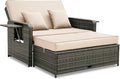 RELAX4LIFE Wicker Patio Outdoor Daybed - Rattan Day Bed Lounger w/Loveseat & Storage Ottoman, Sunbed Sofa Set w/Cushions, 4-Level Adjustable Backrest & 2 Retractable Trays, Patio Daybed (Beige-Grey)