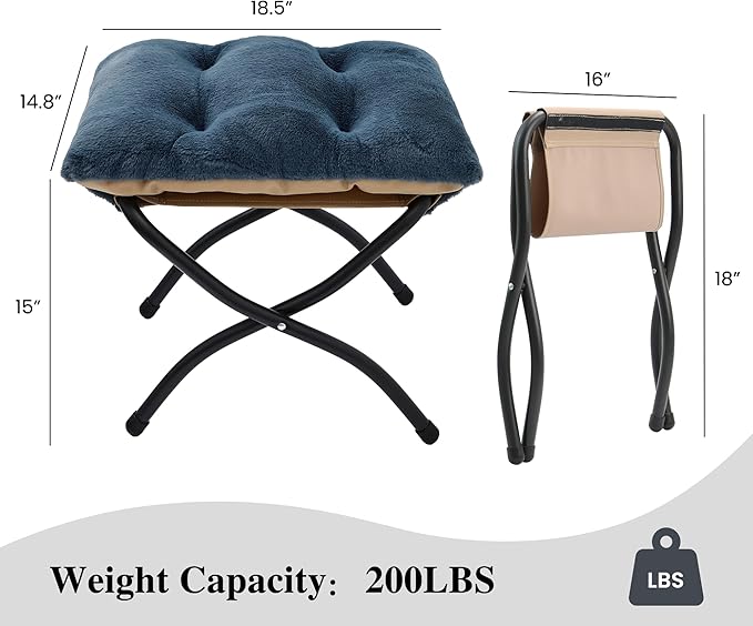 Mordchil HF 15"(H) Folding Ottoman, Foldable Footrest Stool, Portable Small Foot Stool for Couch, Collapsible Foot Rest Ottoman for Sofa, Accent Padded Ottomans for Living Room, Bedroom, Navy Blue