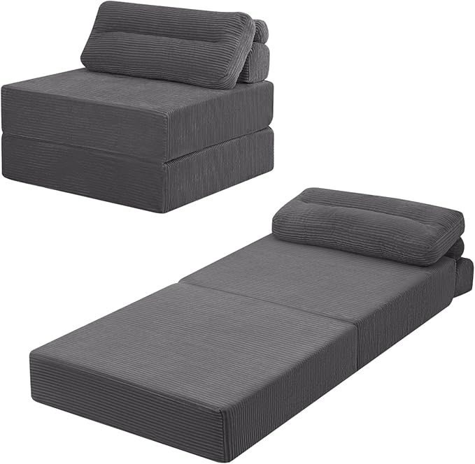 MeMoreCool Folding Sofa Bed Single – Convertible Sleeper Chair & Fold-Out Floor Lounge, Dark Grey Corded Fabric, Includes Headrest & Lumbar Pillow