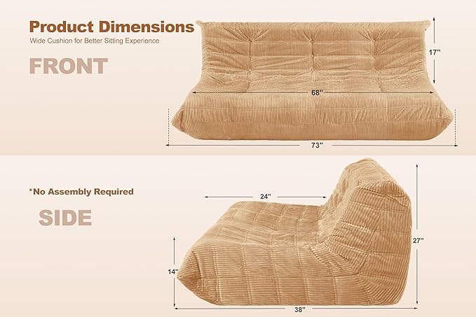 Bean Bag Chair,Giant Beanbag Chairs for Adults,Comfy Large Fireside Chair Lazy Sofa,Corduroy Bean Bag Lounger with Memory Foam Filled,Floor Sofa Couch for Home,Living Room (Khaki, 3-Seater)