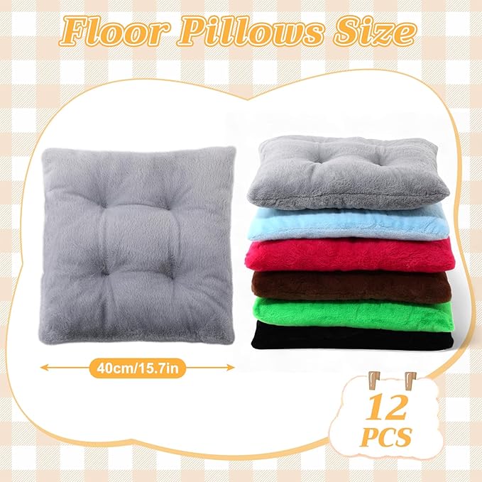 12 Pcs Faux Rabbit Fur Floor Pillows for Adults 15.7'' Large Floor Cushions 2.4'' Thick Soft Sitting Pillows Meditation Yoga Winter Family Party Classroom Tatami Nursery Chair Home