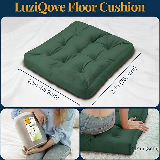 Velvet Floor Pillow Set of 2, Square Large Pillows Seating for Adults, Green Tufted Cushions for Meditation, Yoga Tatami Living Room Chair, Machine-Washable & Dryer-Safe, Green, 22x22 Inch