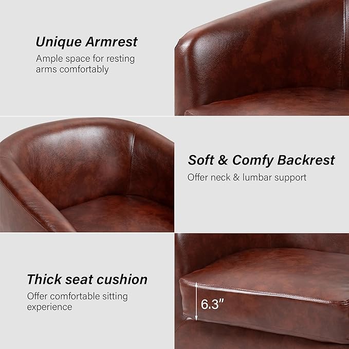 Swivel Barrel Chair, Modern Round PU Leather Accent Armchair for Living Room, Bedroom, Oversized Comfy Club Reading Chairs for Adults (Leather Red Brown, Set of 1)