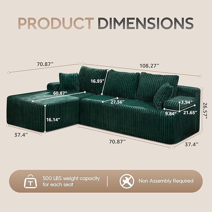 Modular Sectional Sofa Couches L-Shape Couch 3 Seat Modular Sofa Memory Foam Sectional Couches for Living Room, Cloud Couch with Oversized Chaise (Green Stripe, 108" Left Facing Chaise)