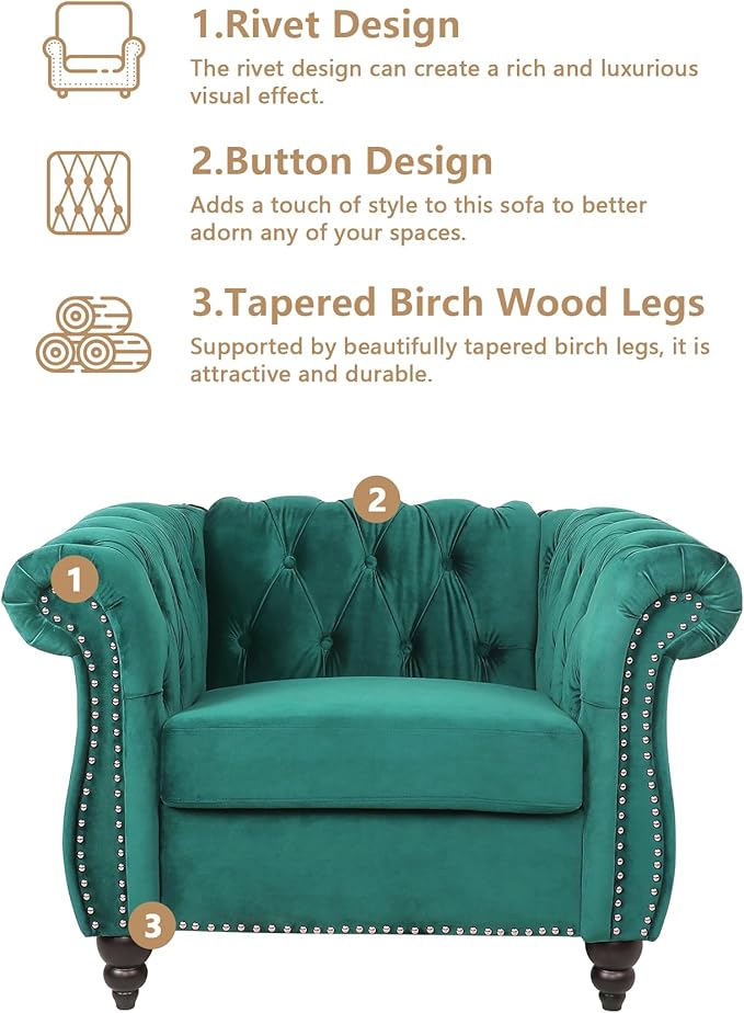 QHITTY Accent Chair, Chesterfield Chair Modern Velvet Upholstered Chair with Tufted Back for Living Room Furniture (Green)
