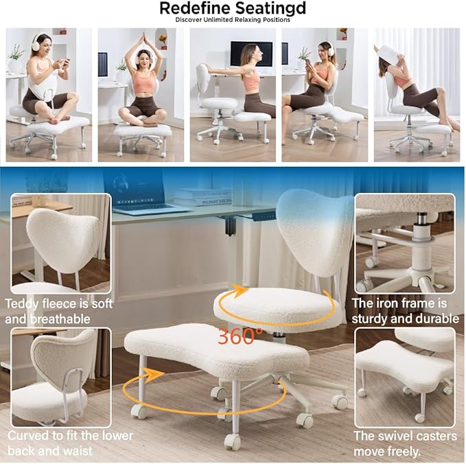 Meditation Chair with Lumbar Support, Ergonomic Floor Sitting Chair Adjustable Height, Cross Legged Chair for Office, Yoga & Mindfulness, Cushioned Seat with Wheels (Beige)