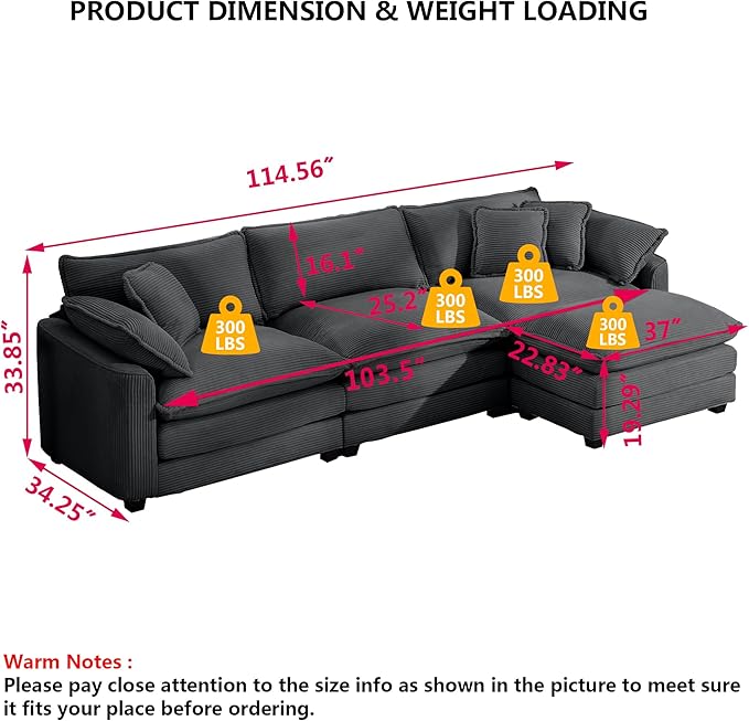 Aoowow Corduroy 3 Seater Cloud Couch with Ottoman,Modern Cloud Couches for Living Room,Modular Sectional Cloud Sofas with Deep Seat,Oversized Tufted L-Shaped Sofa Set. (Grey, 3 Seater + 1 Ottoman)