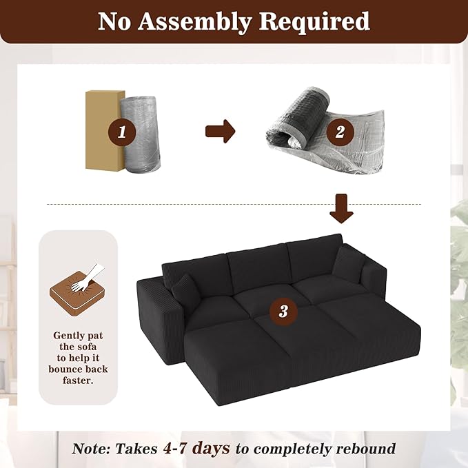 110" Modular Sectional Sofa, Cloud Couch Memory Foam Boneless Couch with Ottoman, Cozy 3 Seater Corduroy Floor Couch, No Assembly Required Living Room Furniture for Apartment, Black