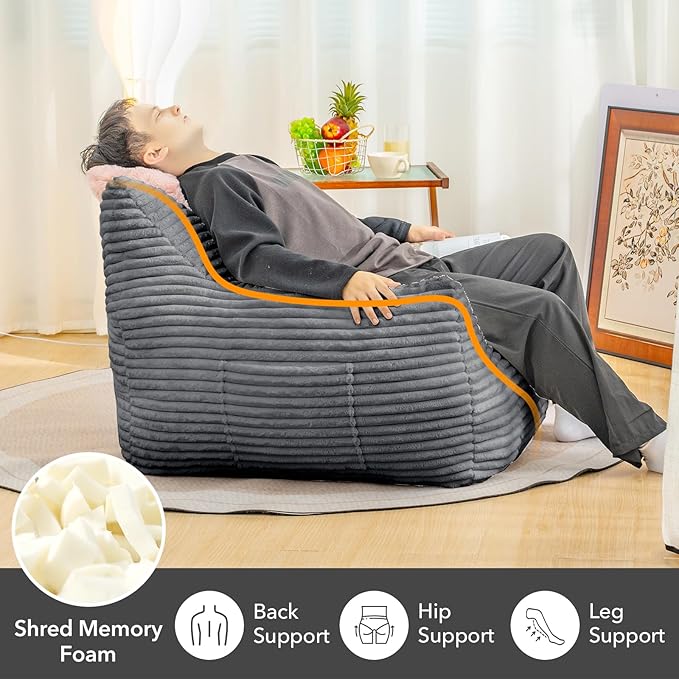 Giant Bean Bag Chair for Adults, Corduroy Upholstered Beanbag Chair with Side Pocket, Comfy Bean Bag Sofa with Portable Handle, Floor Sofa Chair for Bedroom (Grey)
