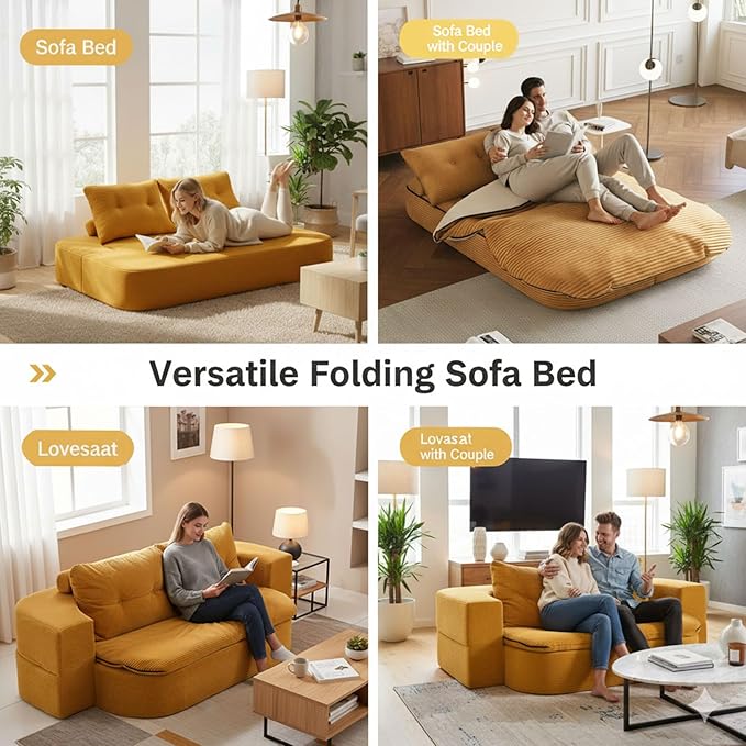 78.7" Convertible Sofa Bed Couch, Corduroy Upholstered Boneless Futon Loveseat Sleeper, Foldable Floor Sofa Chair with Pillows, Chaise Lounge for Living Room Bedroom Apartment, No Assembly Needed