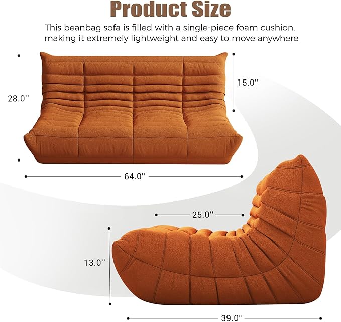 Selyteramy 3 Seat Oversized Bean Bag Chairs for Adults, Memory Foam Fireside Beanbag Couch, Comfy Bean Bag Lounger Lazy Sofa for Living Room, Bedroom, Playroom, Orange