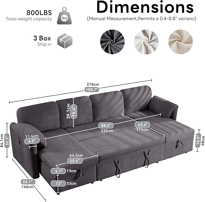 Tbfit 109'' Pull Out Sofa, Sleeper Sofa Bed with USB & 2 Storage Chaises, Comfy Oersized U Shaped Convertible Sectional Sleeper Couches for Living Room, Apartment, Office, Dark Gray