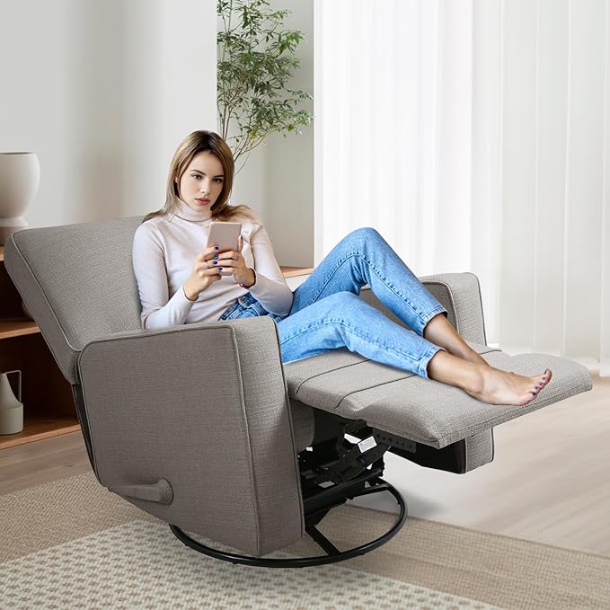 KeyEnergy Swivel Rocker Recliner Chair for Adults, High Back Fabric Recliner with Deep Seat, Manual Glider for Living Room & Nursery, Grey