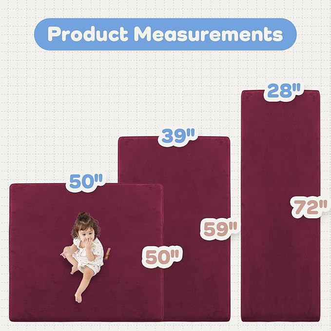 PAPAMAT 1.3" Thick Baby Floor Play Mat 50x50, Basic Padded Foam Mat for Tummy Time Crawling, Non Slip Cushioned for Babies Toddlers Infants Kids (Burgundy)