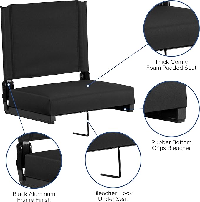 Flash Furniture Grandstand Portable Stadium Seat for Bleachers or Benches, Folding Padded Stadium Chair with Carrying Handle, 500 lb. Weight Capacity, Black
