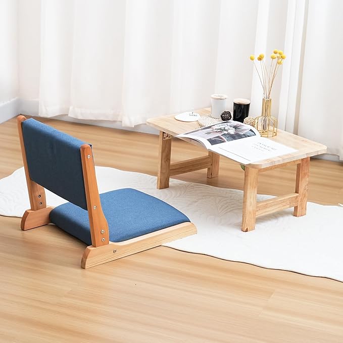 Japanese Floor Chair with Back Support, Foldable Meditation Chair, Legless Tatami Chair with Cushion, Floor Seat for Living Room, Bedroom, Bay Window (1, Blue)