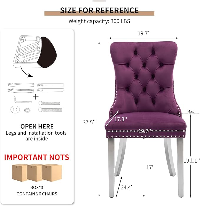 YeahFurn Mid Century Modern Dining Chairs Set of 6, Purple Velvet Upholstered Tufted Back, Kitchen & Dining Room Chairs, Brushed Silver Metal Legs, Nailhead Trim, Sillas para Comedor (Purple, 6 Pcs)