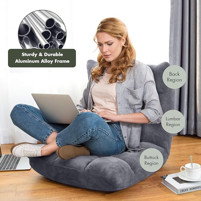 S AFSTAR Cushioned Floor Chair, 14-Position Adjustable Padded Lazy Recliner with Comfortable Back Support and Skin-Friendly Cover, Great for Reading, Playing Game, Meditating (Elegant Gray)