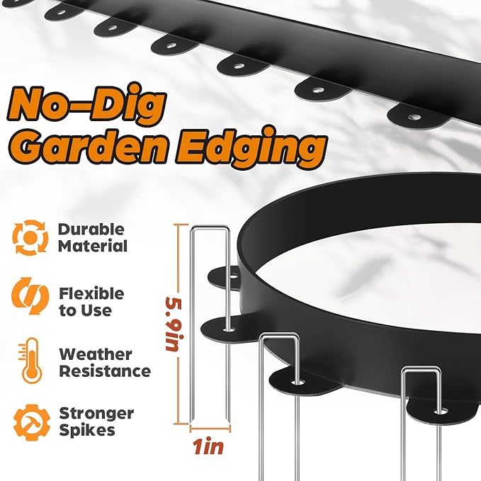 Jorvila Landscape Edging, 1.5" x 80' Plastic Garden Edging with 100 Pcs Metal Spikes, Flexible Garden Border for Lawn, Landscaping, Flower Beds