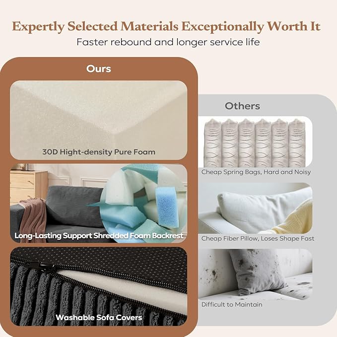 Furnify Loveseat Sofa, Cloud Modular Sofa Couch, Upholstered Floor Sofa with Deep Seat, Upholstered Foam Couch for Bedroom Living Room, No Assembly Required (Corduroy Fabric, Grey)