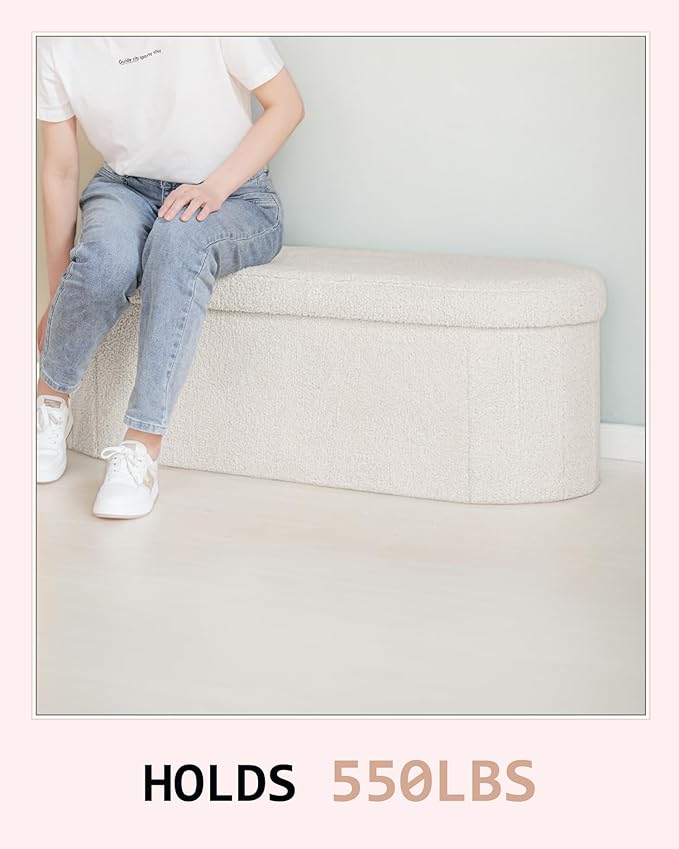 Storage Ottoman Bench, 43.3 Inches Oval Ottoman with Storage, Teddy Boucle Foot Rest, Large Folding Ottoman Bench for Living Room, Entryway, Bedroom, White