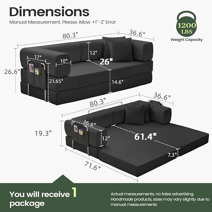 Multi-functionalcorduroy Sofa Bed, Crafted from Corduroy Fabric, is Ideal for Apartments and Living Rooms. Sleeper Sofa Couch Folding futon or Foldable Floor Convertible Floor Studio | Multi-functional