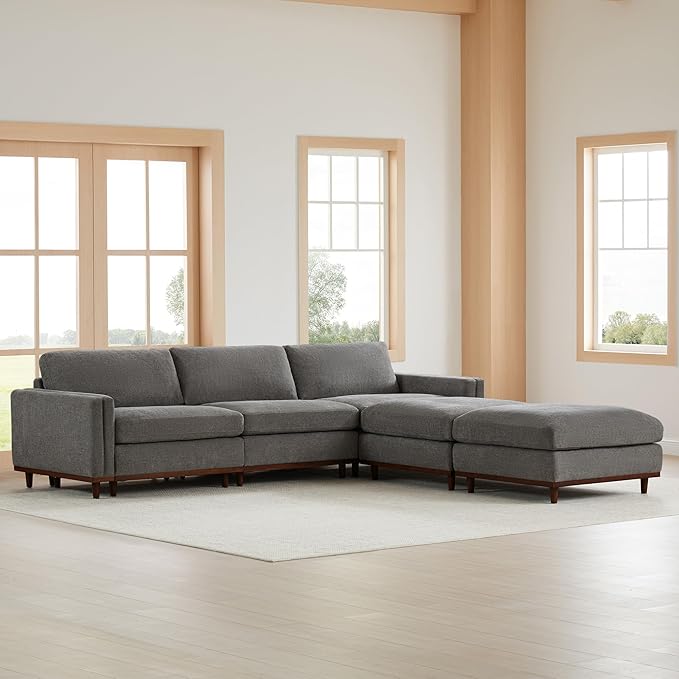 CHITA Super Large Luxury L Shape Convertible Sectional Modular Sofa, Down Filled Modern Sofa, Deep Seat Cloud Couch, 118 inch Width, 5 Seat Couch with Chaise, 2 Ottomans, Solid Wood Leg, Grey
