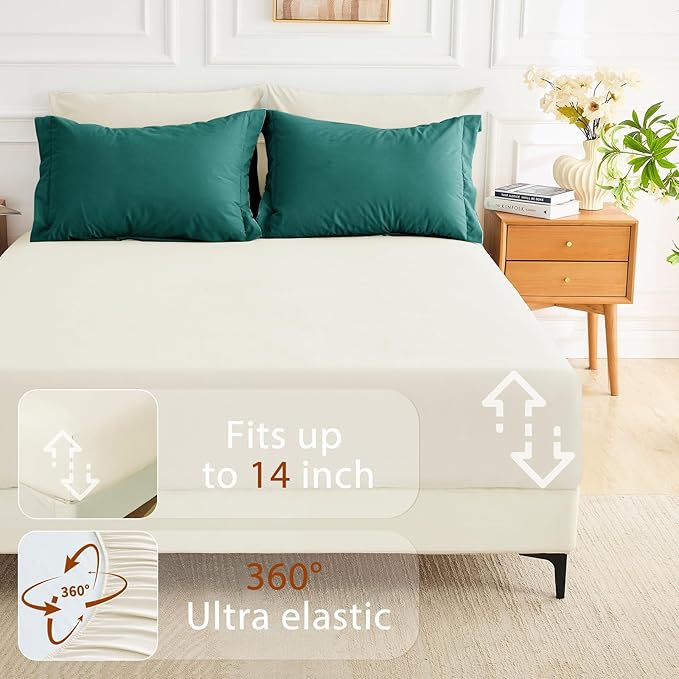 MUXHOMO 7 Pieces Queen Comforter Set, Soft Bed in a Bag Queen Size, All Season Bedding Set with Comforter, Flat Sheet, Fitted Sheet, Pillowcases & Shams, Peacock Blue & Ivory