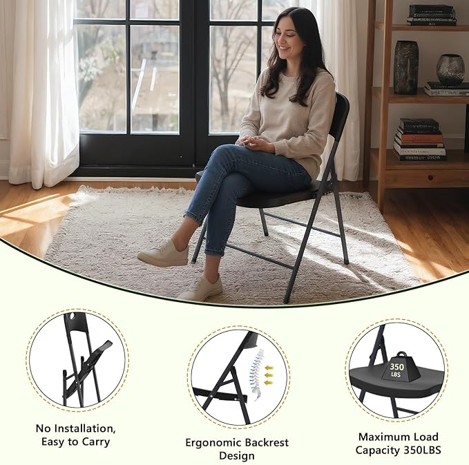 Plastic Folding Chair 4 Pack, Outdoor Sturdy Metal Folding Chairs for Outside Indoor, Portable 350 lbs Capacity Heavy Duty Foldable Commercial Seating for Picnic, Party, Patio, Black