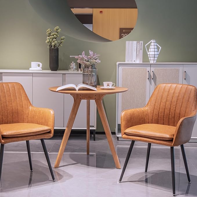 Purgreen Faux Leather Dining Chair Set of 2 - Modern Mid-Back Accent Chair with Metal Legs - Comfy Upholstered Chair for Living Room，Restaurant，Reception Room (Leather Whisky Brown, Set of 2)