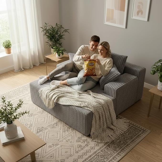 Sytopia Chaise Lounge with Armrests, Oversized Sofa Bed with 3 Pillows, Cozy Boneless Couch, Sleeper Reading Chair for Living Room Bedroom, Floor Sofa Corduroy, Furniture Sala, Urban Grey