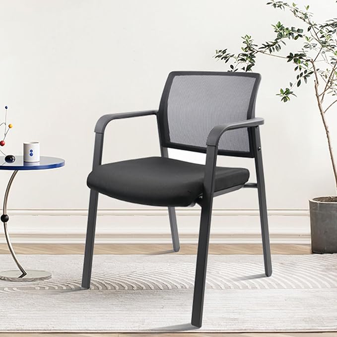 CLATINA Guest Reception Stacking No Wheels Desk Chair, Mesh Back Waiting Room Chairs with Arm Upholstered Fabric Seat and Ergonomic Lumbar Support for Office Conference School Church, Black (2 Pack)